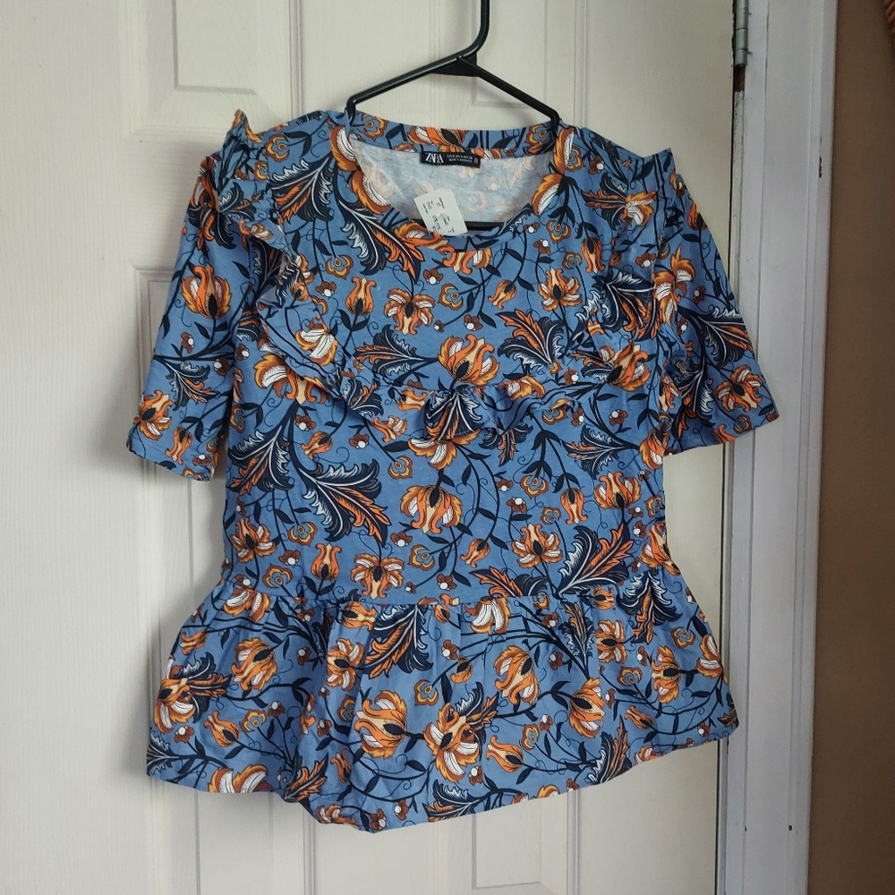 NWT Zara 100% cotton peplum, flutter tshirt